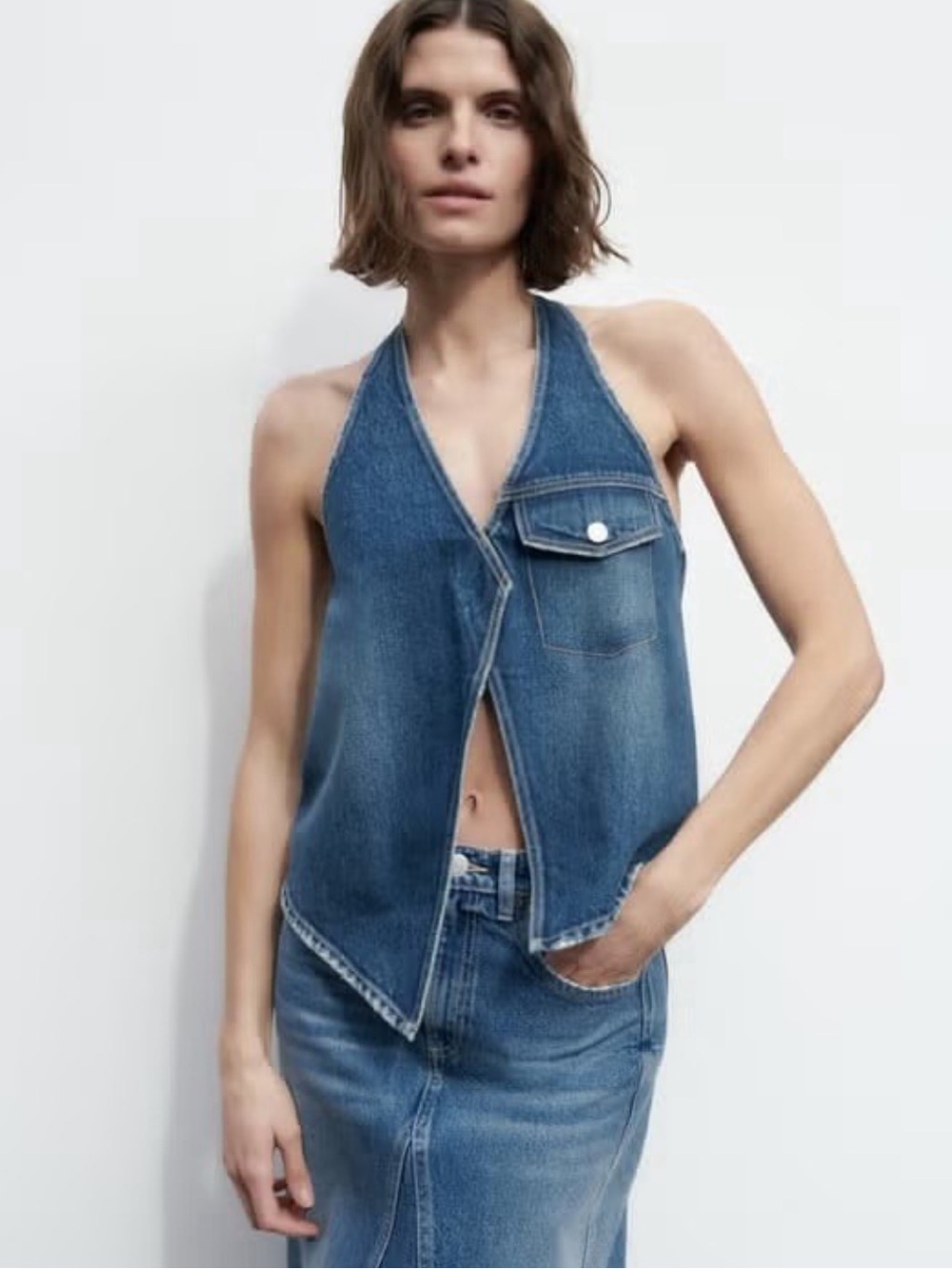 Zara asymmetric denim vest xl boho side zipper Y2K good condition spring beach